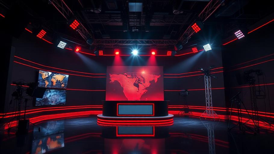Broadcast studio set with anchor desk and lighting rig
