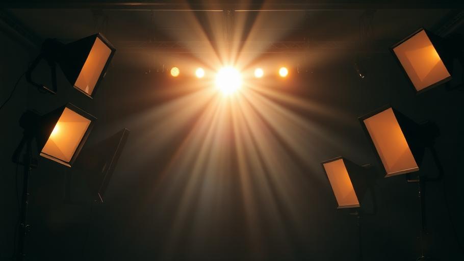 Studio lighting grid with fresnel fixtures and beams through haze