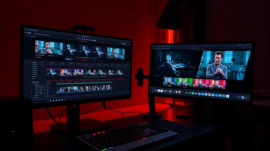 Video editing suite with dual monitors and timeline
