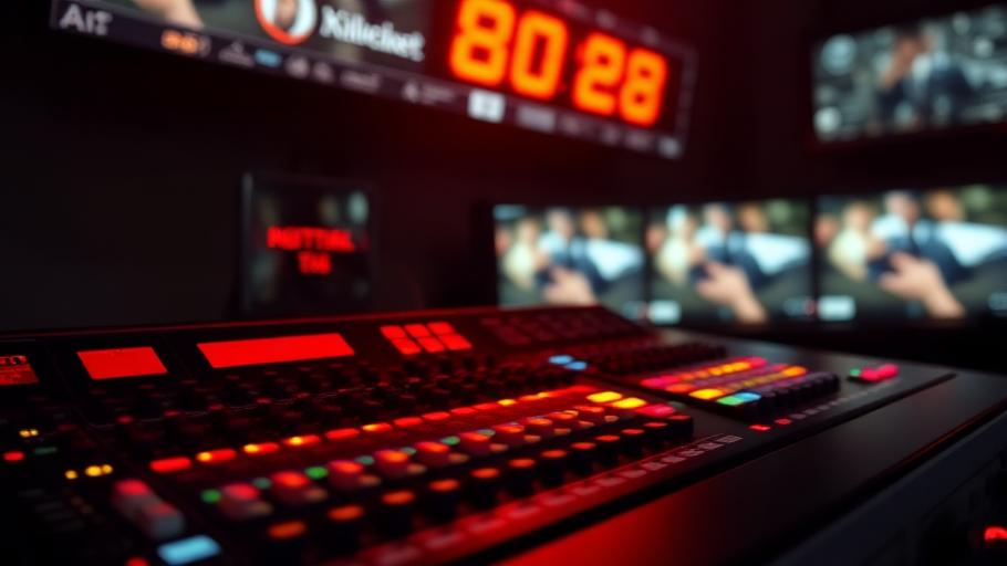 Live vision mixer panel in front of a multiviewer wall